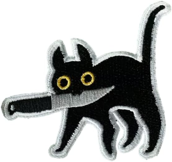 חתול עם סכין, טלאי Meme של חתול שחור חמוד מצחיק - וו ולולאה - תואם וולקרו, אפליקציה חמודה לז'קטים, ג'ינס,