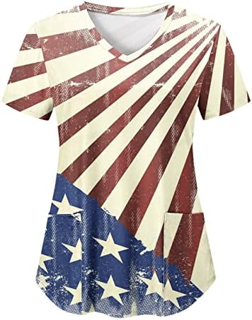 4 ביולי חולצת טי דגל ארהב לחולצת טי לנשים שרוול קצר נגד חולצת צוואר עם 2 כיסים חולצות חג קיץ קז'ואל