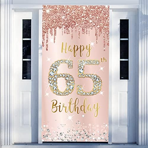 קישוטים ליום הולדת 65 דלת דלתות דלת לנשים, זהב ורוד ורוד שמח 65 ציוד למסיבות תפאורת יום הולדת, עיצוב כריית