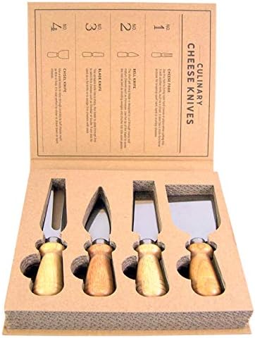 סכין גבינה קולינרית משובצת בקופסת מתנה מקרטון כפרי, 4 סכינים