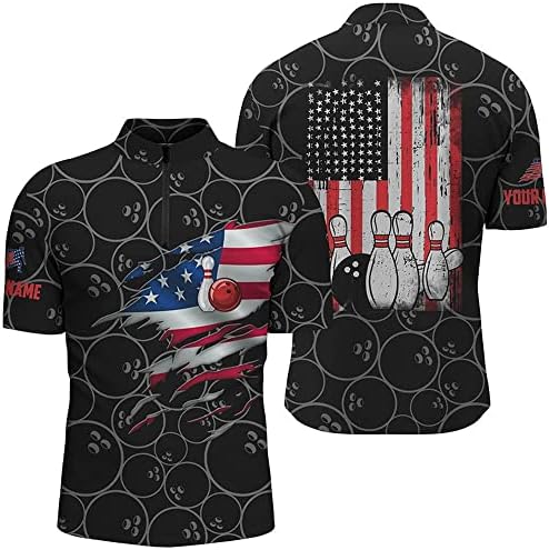 חולצות רוכסן ברובע באולינג בהתאמה אישית לגברים בשם מותאם אישית וינטג 'דגל אמריקאי גופיות באולינג,