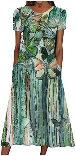 שמלות אביב של HGCCGDU לנשים 2023 שנתון קיץ שרוול קצר הדפס פרחוני שמלת אורח חתונה זורמת מזדמנת עם כיסים