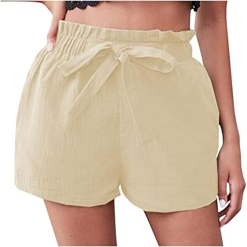 LMSXCT לנשים מזדמנים מותניים אלסטיים קיץ כותנה מכנסי פשתן קצרים מותניים גבוה