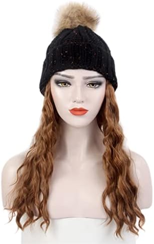 אופנה גבירותיי שיער כובע אחד שחור סרוג כובע פאה ארוך מתולתל חום פאה וכובע אחד