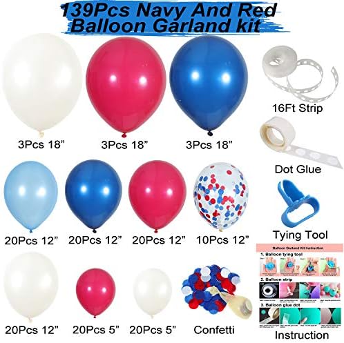 כחול כהה אדום לבן בלון זר ערכת, 139 חבילה חיל הים אדום לבן קונפטי בלון עבור ילד כחול יום הולדת