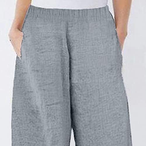 נשים מודפס פשתן רחב רגל מכנסיים קיץ אלסטי מותניים חוף הרמון מכנסיים קל קצוץ מכנסי מכנסיים