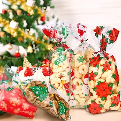 100 חתיכות חג המולד צלופן שקיות ממתקי מתנת שקיות דברים טובים לטפל שקיות עם 150 חתיכות טוויסט קשרי עבור