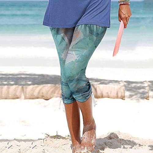 חוף קפרי לנשים מזדמן קיץ אלסטי מותניים חותלות קאפרי מרוקקות שרוול פעיל מכנסיים קצוצים דקים