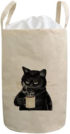 כביסת מתקפל מצחיק שחור חתול כועס עמיד למים סל כביסה עם ידיות, שרוך מתקפל בגדי תיק עבור כביסה חדר