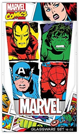 כסף באפלו מארוול קומיקס רטרו ארבעה גיבורי ליטר זכוכית בקופסא מתנה, 16-אונקיה, ססגוניות