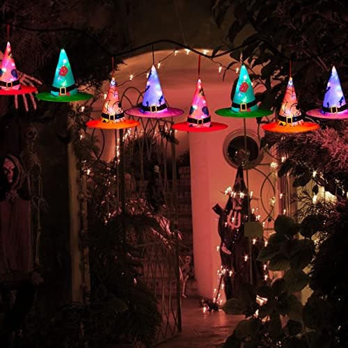 אורות כובע מכשפה של ליל כל הקדושים 8 יחידות תלויות זוהרות לולי מכשפה כובעים תפאורה, אורות קישוט