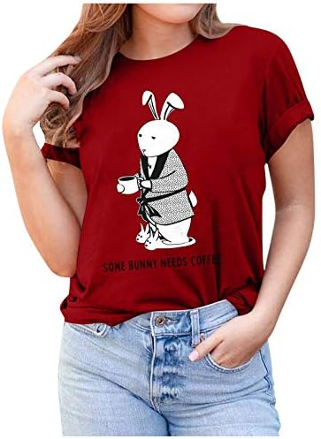 פסחא יום קצר שרוול חולצה נשים חמוד ארנב הדפסת צוואר טוניקות חולצות ביצים גרפי טי חולצות רופף בכושר בתוספת