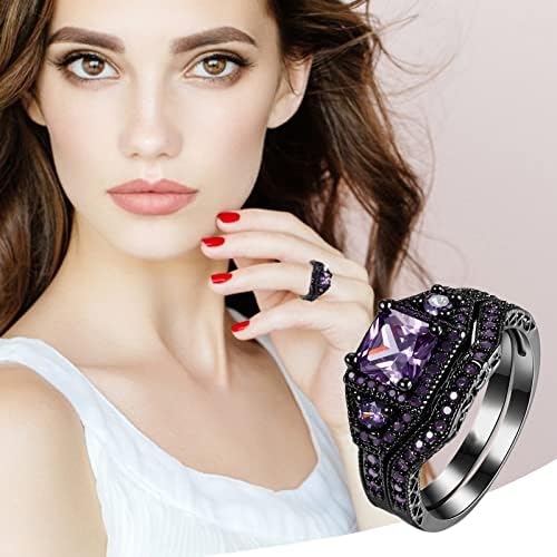 טבעות נשים אופנה 2 pc שחור סגול סגול מעוקב זירקוניה ריינסטון טבעת נישואין טבעת אירוסין טבעת וינטג '