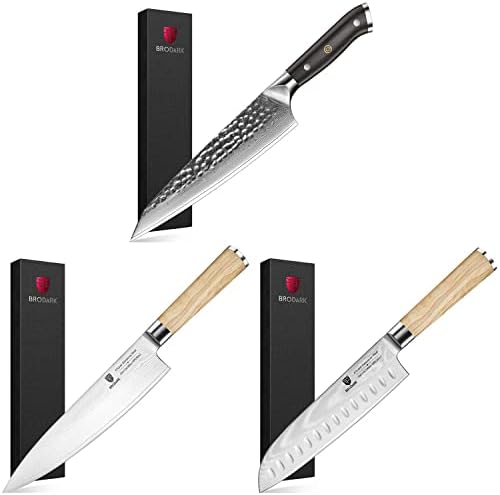 סכין שף ברודארק דמשק וסכין קילוף 3 יח', סכין מטבח יפנית וי 10 ליבת פלדה 8 אינץ ' עם ידית עץ זית, שימור קצה מעולה,