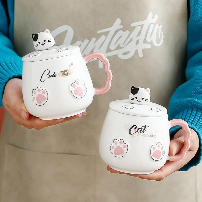 FVDFDG ספל חתול חמוד כוס קפה קרמיקה עם מכסה קיטי מקסים וכף טופר חתול, כוס חלב לאוהבי חתולים נשים ספלי מתנה
