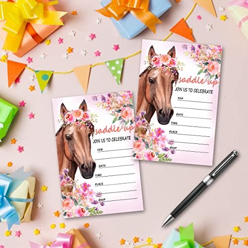 אוכף כרטיסי הזמנה למסיבת יום הולדת, בנות אסם בחוות סוסים מזמינות עם כובע, מילוי כרטיס ריק, בוקרת