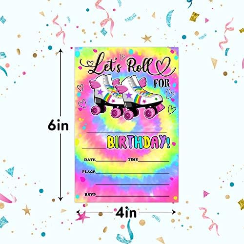 RLCNOT כרטיסי הזמנות ליום הולדת עם מעטפות סט של 20 - צבע עניבה בואו נגלגל הזמנות למסיבת יום הולדת לילדים, לבנים