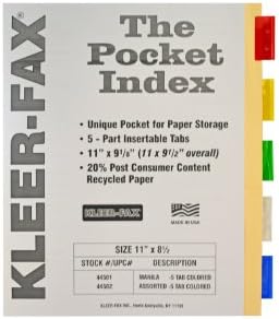 קליר-אינדקסים בכיס נעיץ פקס, 5 כרטיסייה - צבע מגוון, נייר מנילה, 11 איקס 9-1/8 סנטימטרים, סט אחד, 44501