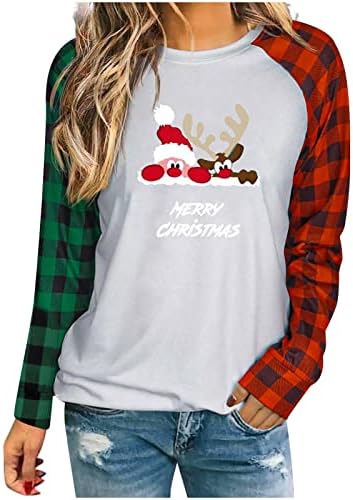 סווטשירט לנשים חג המולד באפלו משובץ חולצה חג המולד עץ צבע בלוק טי חולצה איל מודפס ארוך שרוול חולצות