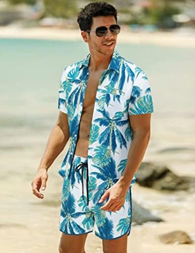 Alitespirit Mens Hawaiian חולצה חליפות כפתור שרוול קצר מזדמן למטה חולצות ומכנסיים קצרים סט קיץ חוף