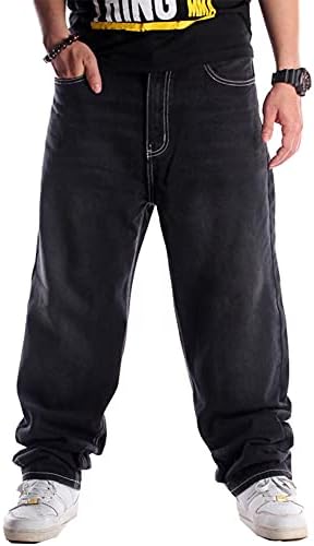 מכנסי ג'ינס רחבים של Ruiatoo לגברים קלאסיים רגועים רגועים מתאימים מכנסי הופ הופ לריקוד ג'ינס שחור ג'ינס