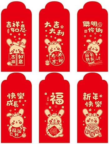 הטוב ביותר 6 יחידות מזל כסף מעטפת ארנב סיני אדום מעטפות, 2023 חדש שנה הונג באו חמוד ארנב מתנת שקיות / מעטפות