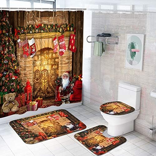 IKFASHONI 4 PCS וילונות מקלחת חג מולד שמח מוגדרים עם שטיחים שאינם החלקה, מכסה מכסה לשירותים ומזרן
