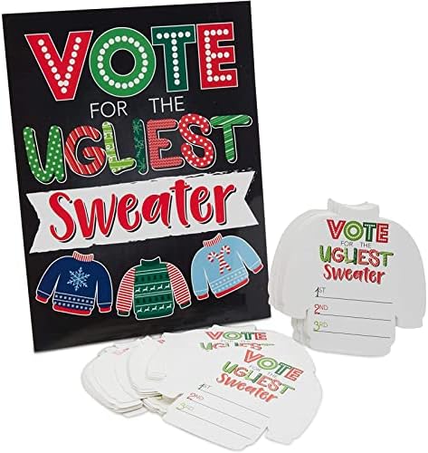 51 חלקים מכוערים תחרות סוודר חג המולד קלפי הצבעה עם שלט שולחן, משחקי מסיבות חג מולד מהנים וקישוטים