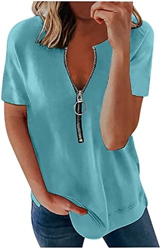 צמרות קיץ נשים שרוול קצר חולצות טיס סקסיות v צוואר רופף רוכסן מעלה עליון חולצות הנלי זורמות מוצקות חולצות