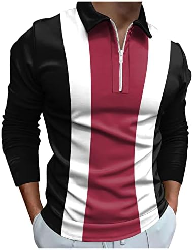 Beuu 2022 חולצות פולו חדשות לגברים, שרוול ארוך 1/4 רוכסן צוואר גולף צוואר גולף טלאים מפוספסים חולצת מעצבים מזדמנים