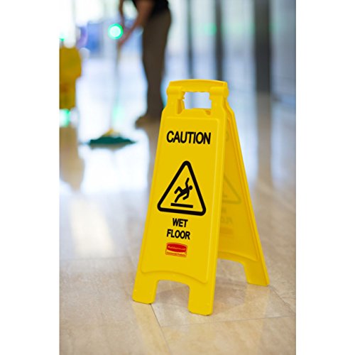 מוצרים מסחריים של Rubbermaid זהירות רצפה רטובה שלט, 26 אינץ ', צהוב, דו צדדי, שלט אזהרה רצפה