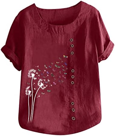 בגדי אופנה קצר שרוול צווארון עגול פשתן כותנה גרפי מזדמן חולצה טי לנשים קיץ סתיו למעלה 82 82
