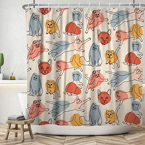 LFEEY וילון מקלחת חמוד מצחיק לילדים, חתולים בסגנון מינימליסטי כלבים קו וילון מקלחת אמנות בורוד צהוב