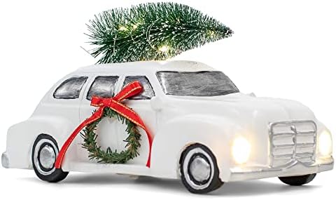 מכונית מדליקה עם עץ לבן 8.5 x 4.5 אבן שרף עורית פסלון חג המולד
