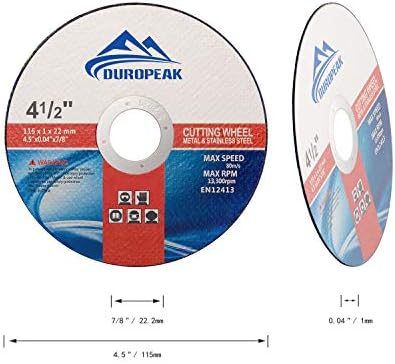 Duropeak 25pack- 4.5 x0.04 x7/8 חתוך גלגלים חותכים למתכת ודיסק חיתוך נירוסטה לטחנות זווית