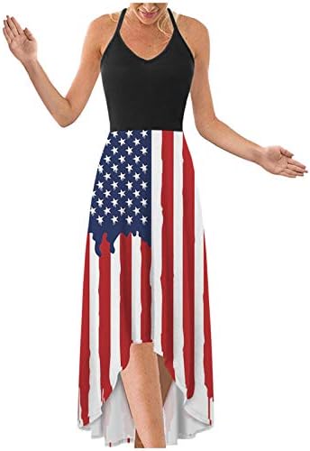 4 ביולי מקסי שמלה לנשים מקרית קיץ בוהו שמלת אמריקאי דגל סקופ צוואר קאמי שרוולים כוכבים פסים שמלה קיצית