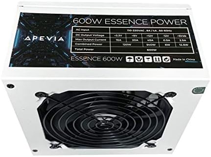 APEVIA ATX-ES600-WHE ESSENCE 600W ATX אספקת חשמל למשחקים למחצה-מודולרית עם מאוורר שחור מבוקר אוטומטית