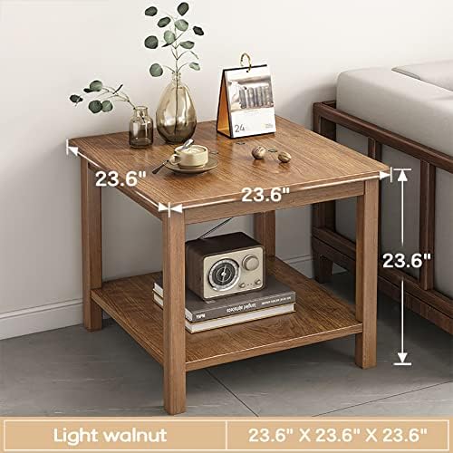 2 קומות עץ צד שולחן - כיכר ספה סוף שולחן עם אחסון מדף מוצק עץ רגליים לסלון, אור