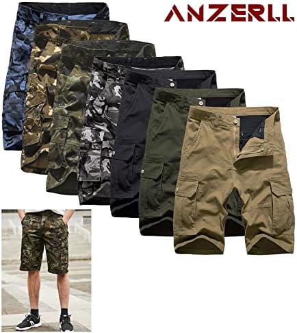 Anzerll Mens Camo מכנסי מטען קצרים רגועים בכושר הסוואה כותנה מכנסיים קצרים של צבא עם ריבוי כיסים