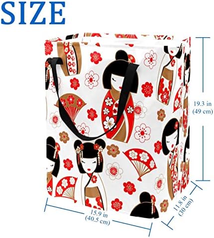 בובות יפניות חמודות הדפסת דפוס קוקשי סל כביסה מתקפל, סלי כביסה עמידים למים 60 ליטר אחסון צעצועי כביסה לחדר