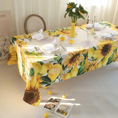 מפת שולחן בהדפס לימונים וחמניות בגודל 60 על 102 אינץ', בד שולחן חמניות צהוב, לימונדה דקורטיבית