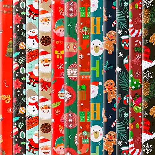 קונסה 12 חבילה מקופלת גיליונות גדולים של נייר עטיפה לחג המולד אריזת מתנה מסורתית, קישוט חג המולד,