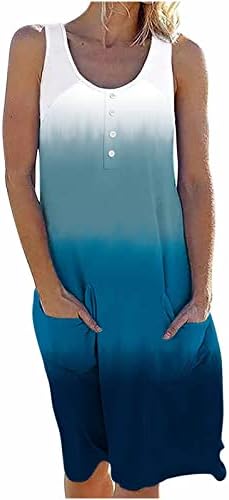נשים מקרית ללא שרוולים שמלת קיץ סקופ צוואר טנק שמלת הברך אורך הדפסת שמלת שמש שמלות עם כיסים