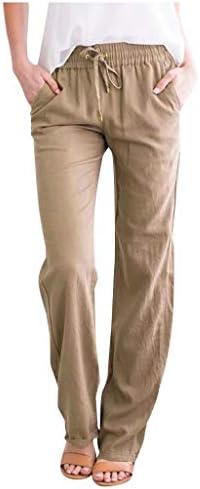 קיץ מזדמן כותנה פשתן מכנסיים לנשים רחב רגל מכנסיים עם כיסים רופף בכושר מוצק צבע ישר רגל מכנסיים חוף