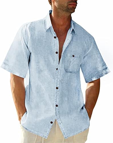 כפתור הג'ינס של גברים למטה חולצות שרוול קצר צווארון צבע אחיד עם חולצות ז'אן בכושר עם כיס חזה