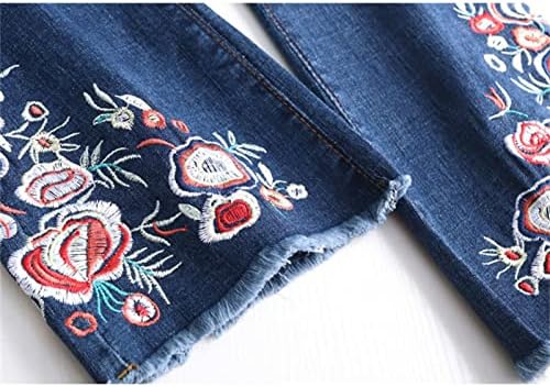נשים פרחוני רקום סקיני התלקחות קרסול ג 'ינס גבוהה מותן פעמון תחתון ג' ינס מכנסיים שטף נהרס גלם מכפלת ז ' אן