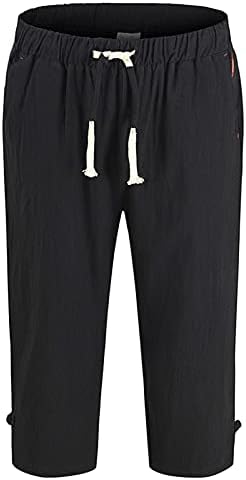 Badhub Mens 3/4 Jogger מכנסיים קפרי מכנסיים מתחת למכנסי אימון בברך כותנה ופשתן שרוך מותניים אלסטיים וכיסים