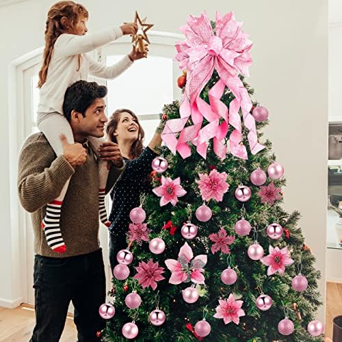סט קישוט עץ חג המולד של Youyole כולל 37 יח 'פרחי נצנצים Poinsetti עם קליפ, כדור חג מולד, קשת