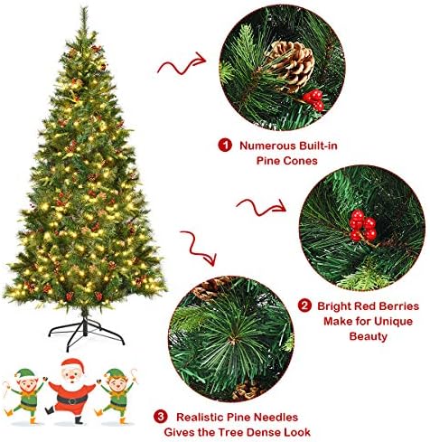 Goplus 7 ft עץ חג מולד מלאכותי לפני מואר, עץ חג המולד צירים w/ 350 נורות LED ומעמד מתכת, עץ חג המולד
