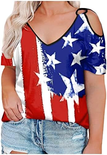 נשים מזדמנים פלוס גודל גודל אמריקאי חולצות שרוול קצר מחוץ לחולצת טריקו כתף 4 ביולי נ 'צוואר פטריוטי עליון